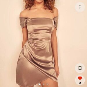 Reformation Gold Ruched Off-Shoulder Cocktail Dress
